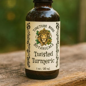 May include: A brown glass bottle of "Twisted Turmeric" tincture with a black dropper. The label features a lion with a crown and the words "Tincture Boss Botanicals". The bottle contains 1 fl oz / 30 mL.