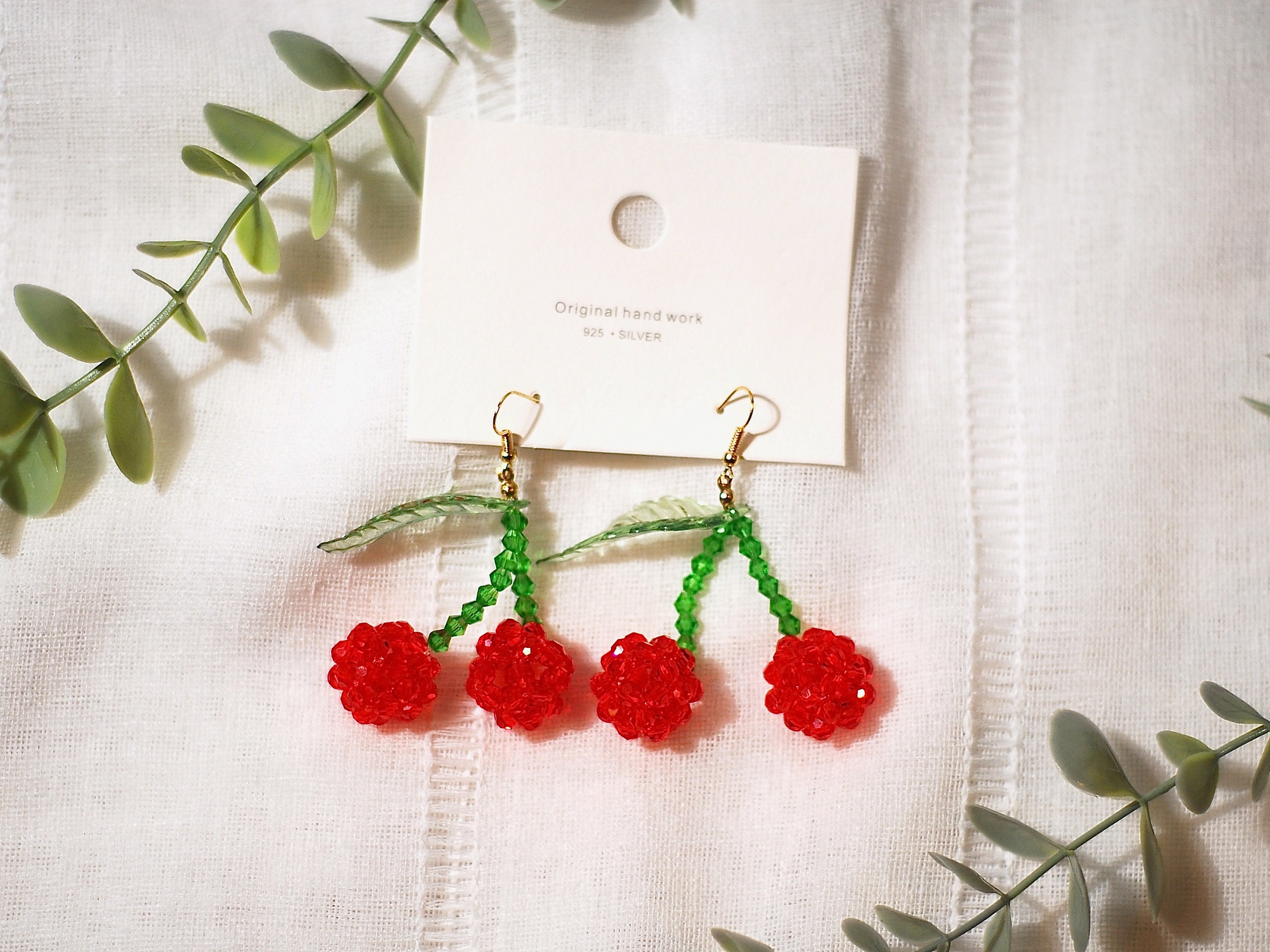 Large Cherry Beaded Earrings Fall Dangle Fruit Earrings Drop