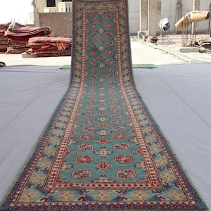 13 ft Green Runner Rug, Afghan Hand knotted veg dyes Plush Wool Runner Rug, Turkmen Tribal Bukhara Rug, Hallway Runner Rug - Kitchen runner