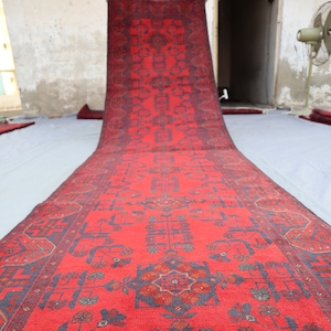 13 Ft Runner Rug, Afghan Handmade Wool Rug, 2&#39;10x13&#39;0 Turkmen Bukhara Runner, Hallway Runner, Stairs Runner, Vintage Red Carpet, 3x13 Runner