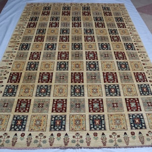 9x12 Bakhtiari Area Rug - Beige Afghan Handmade Wool Rug - Tribal Oriental Turkmen Rug - Large Medallion Rugs For Living Room - Bedroom Rug