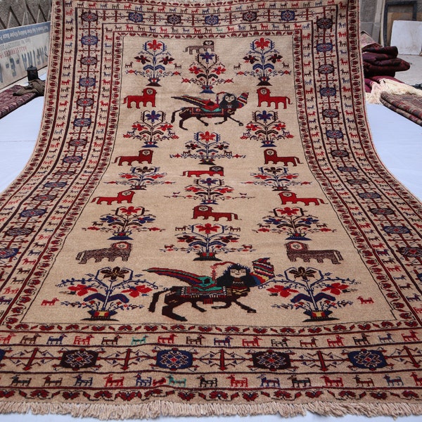 7x10 Large Vintage Afghan Animal Pictorial Rug Handmade Soft Wool Area Rug, Beige Terracotta Brown Red Gray Oriental Baluch Rug, Bedroom Rug