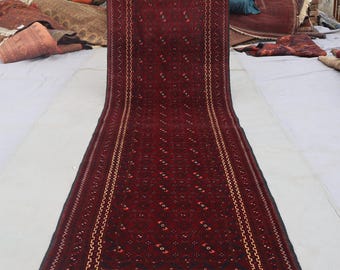 Afghan Runner Rug 2'8x9'2 ft Turkmen Handmade Wool Rug, Vintage 9 ft Runner Rug, Bashiri design Oriental Red Bukhara Rug, Hallway Runner Rug
