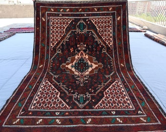 4'4x6'7 Antique Geometric design Baluch Rug Afghan Handmade Veg Dyes Wool Area Rug, Caucasian design Oriental Vintage Beige Brown Black Rug