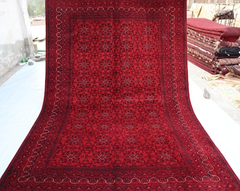 Red Large Area Rug, 7x10 Ft Turkmen Hand knotted Wool Rug, Handmade Turkoman Oriental Rug, Rugs For Living Room, Bedroom, Afghan Bukhara Rug