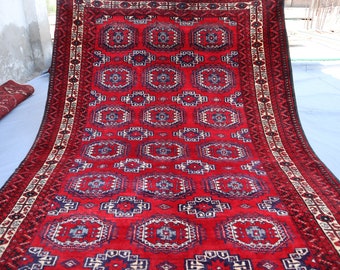 5 x 8 ft groot vintage rood tapijt, Afghaans handgeknoopt tapijt van geverfde wol, hoogpolig antiek tapijt, tribal baluchen vloerkleed, Turkmeens oosters tapijt in oude stijl