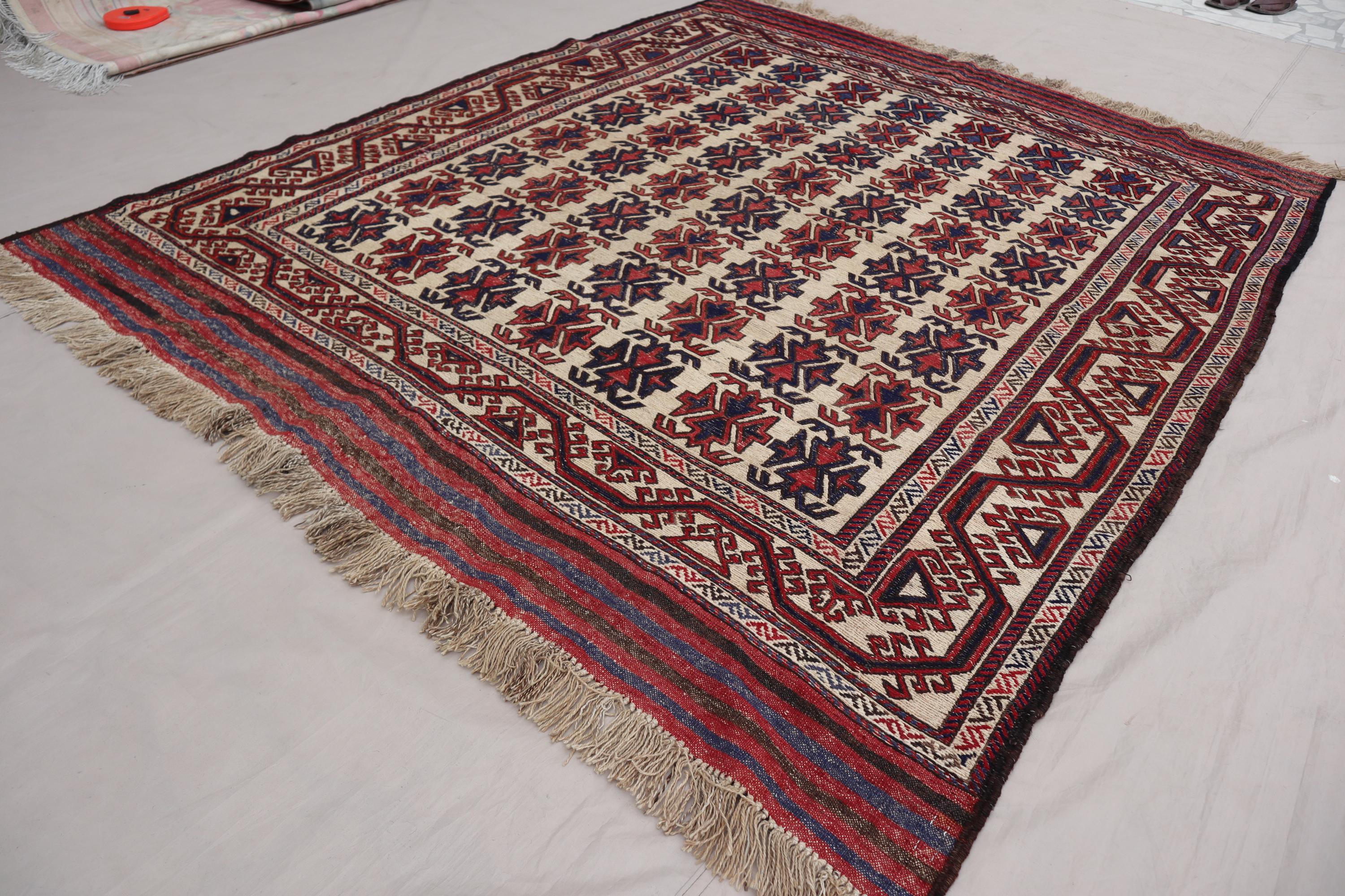 1950s Antique Rug 7x8 Beige Blue Red Vintage faded Afghan Flatweave Geometric Kilim Rug, Handmade Wool Area Rug, Turkmen Tribal Boho Carpet