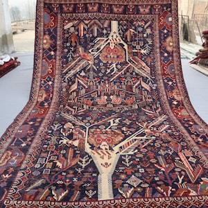 6x10 Antique Area Rug, Navy Blue Tree of life design Afghan Handmade Pictorial Rug, Natural dyes Wool Area Rug, Tribal Vintage Baluchi Rug