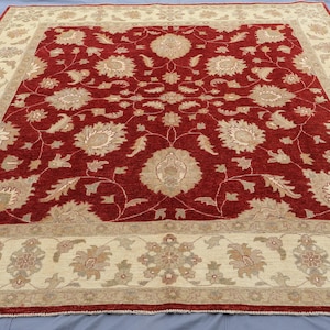 8x8 Red Square Rug, Afghan Handmade Wool Rug, Floral Oushak design Oriental Rug, Top Quality Rug, Dining Table Carpet, Rugs for living Room