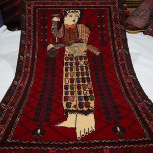 3&#39;5x5&#39;6 ft Pictorial Area Rug, Vintage Handmade 100% veg dyes Wool Rug, Afghan Antique Pictorial Rug, Home decor Rug, Turkmen Baluchi Carpet