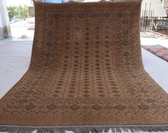 1950s Antique 6&#39;6x9&#39;3 ft Terracotta Brown Afghan Handmade Rug, Turkmen Bukhara Tribal Rug, Low Pile Wool Faded Vintage Rug, Living Room Rug