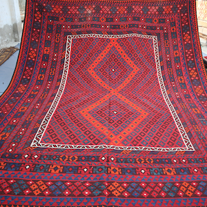 9x11 ft Large Kilim Rug, Red Vintage Handmade Kilim Wool Geometric Rug, Afghan Flatweave Boho Area Rug, Dining Table Carpet, Living Room Rug