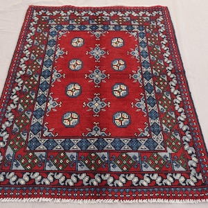 3x5 Red Rug, Turkmen Bokhara Rug, Afghan Handmade Rug, High Pile Wool Tribal Rug, Oriental Area Rug, Office, Entryway, Kitchen, Bedroom Rug