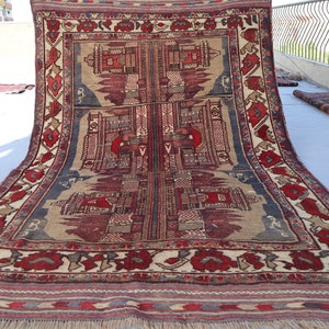 Collectors Piece 4&#39;6x6&#39;9 ft Antique Pictorial Rug, Afghan Handmade Wool Rug, Turkmen Brown Old Baluch Rug, Tribal Vintage Rug, Kids Room Rug