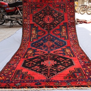 Red Antique Rug 3&#39;2x6&#39;5 ft Caucasian Faded Vintage Rug Afghan Geometric Area Rug, Oriental Wool Rug, Tribal Nomadic Rug, Bedroom Kitchen Rug