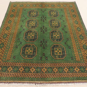 Green Rug 4&#39;9x6&#39;4 ft Afghan Area Rug, Geometric Bukhara Rug, Hand-knotted Soft Wool Rug, Turkmen Tribal Rug, Living Room Rug, Oriental Rug