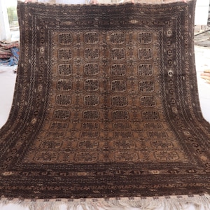 1920s Antique Rug 6&#39;7x8&#39;4 ft Dark Terracotta Rug, Afghan Hand Knotted Wool Rug, Waziri Bukhara Turkmen Carpet, Low Pile Distressed Faded Rug