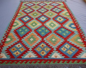 アフガニスタンデザインラグ 6x8 アフガニスタンキリムラグ、ソフトブルーレッドハンドメイドウール