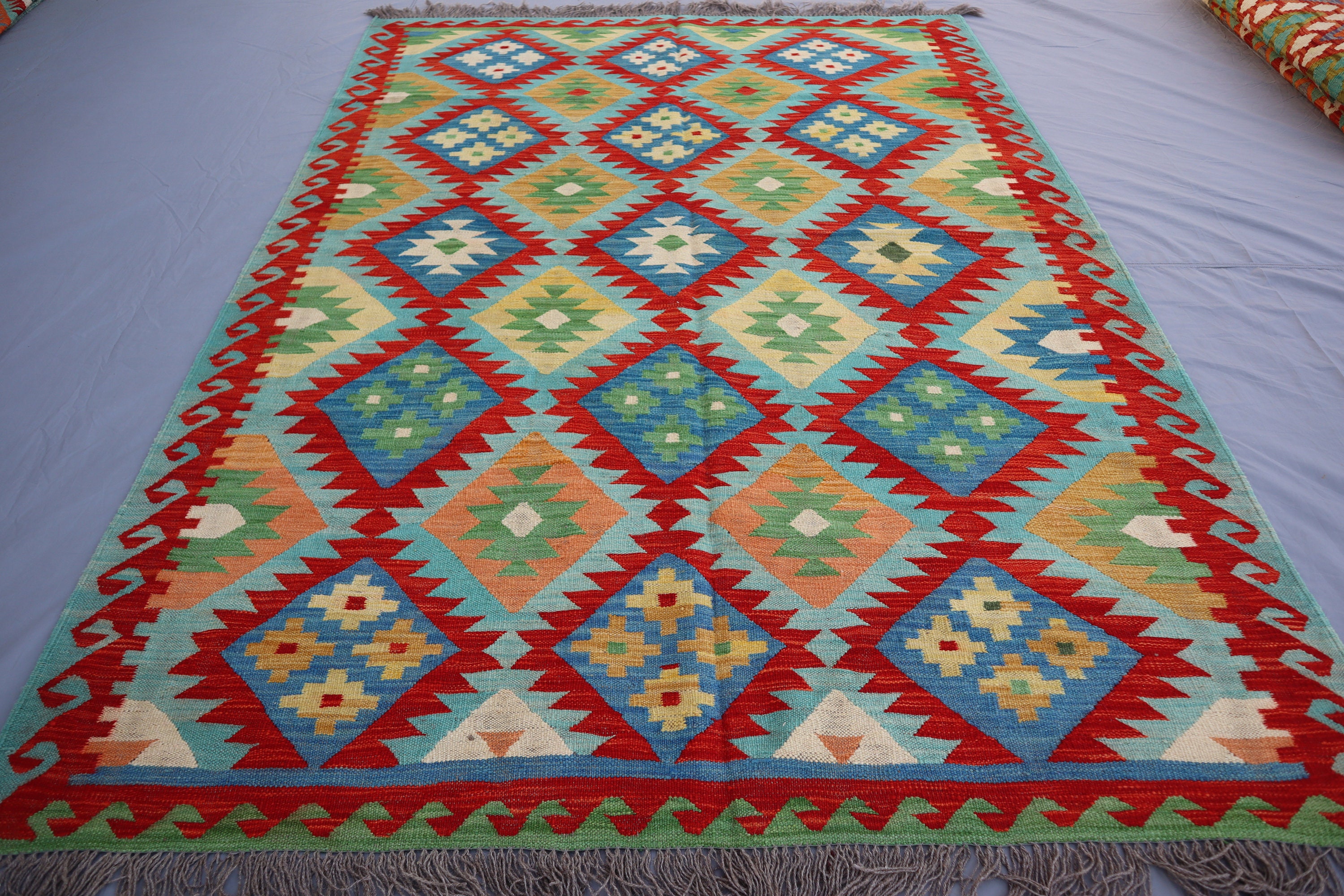 6x8 アフガニスタンキリムラグ、ソフトブルーレッドハンドメイドウール