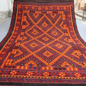 8&#39;7x13&#39;3 ft Large Kilim Rug, Orange Vintage Handmade Kilim Wool Geometric Rug, Afghan Flatweave Boho Rug, Dining Table Carpet, Bedroom Rug