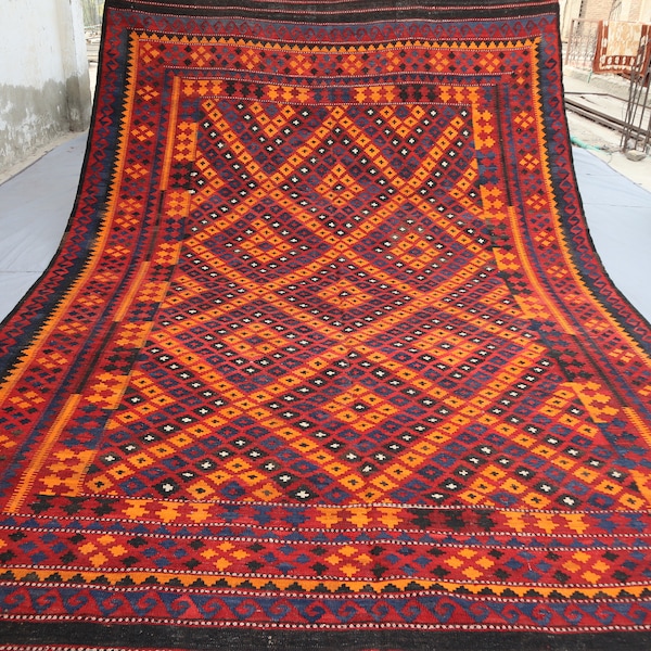 8'7x13'3 ft Large Kilim Rug, Orange Vintage Handmade Kilim Wool Geometric Rug, Afghan Flatweave Boho Rug, Dining Table Carpet, Bedroom Rug