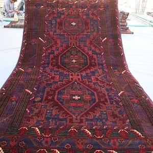 4x7 Antique Geometric Rug, Navy blue Red Vintage Afghan Hand Knotted Soft Pile Wool Area Rug, Living Room Rug, One of a kind Caucasian rug