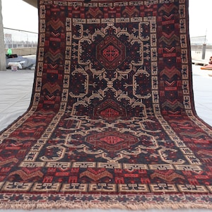 Antique Baluchi Rug 3&#39;8x6&#39;7 ft Geometric Handmade Rug, Afghan Wool Area Rug, Traditional Nomadic Rug, Tribal faded Vintage Rug, Kitchen Rug