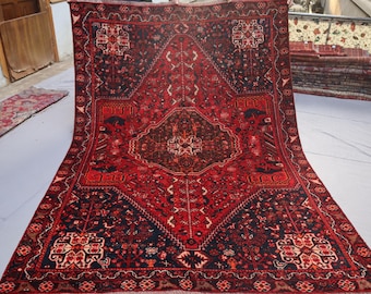 Collectors Piece 6x8 One of a Kind Pictorial Antique low pile Wool Rug, Afghan Handmade Caucasian Rug, Oriental Vintage Red Rug, Bedroom Rug