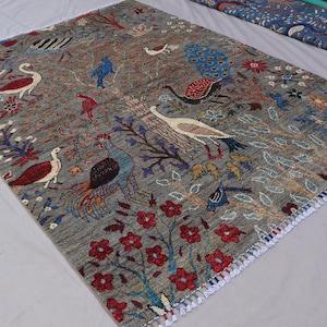 Natural Pictorial Rug 5x7 Afghan Handmade Gray Wool Rug, Peacock Birds Tree of life Carpet, Natural Veg dyes Rug, Kids Room Rug, 4&#39;10&quot;x6&#39;4&quot;