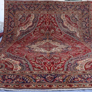 10x12 Navy Blue Red Vintage Rug Caucasian Rug, Low Pile Handmade Wool Rug, Collectors Piece 1940s Antique Rug Tribal Floral Medallion Carpet