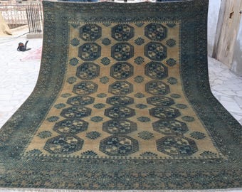 1920s Antique Ersari Rug 9x11 Brown Blue Geometric Rug, Low Pile Vintage Wool Rug, Afghan Muted Rug, Oriental Rug, Living Room Rug 8'6x10'7"