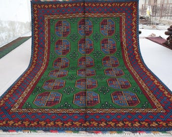 200x300 Grüner Teppich Afghanischer Teppich Turkmen Tribal Buchara, Handgeknüpfter Teppich für Schlafzimmer, Wohnzimmer