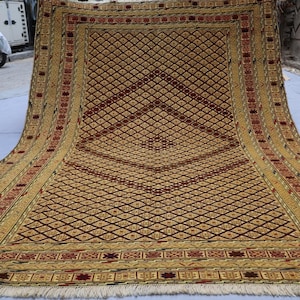 7x9 ft Beige Afghan Geometric Mashwani Baluchi Rug, Turkmen Handmade Soft Wool Rug, Tribal Area Rug, Vintage Muted Oriental Rug, Bedroom Rug
