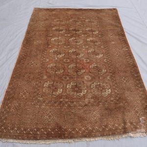 1920s Antique Brown Rug 4x7 ft Afghan Bukhara Rug, Low Pile Handmade Wool Rug, Oriental Faded Rug, Turkmen Tribal Area Rug for Living Room image 3
