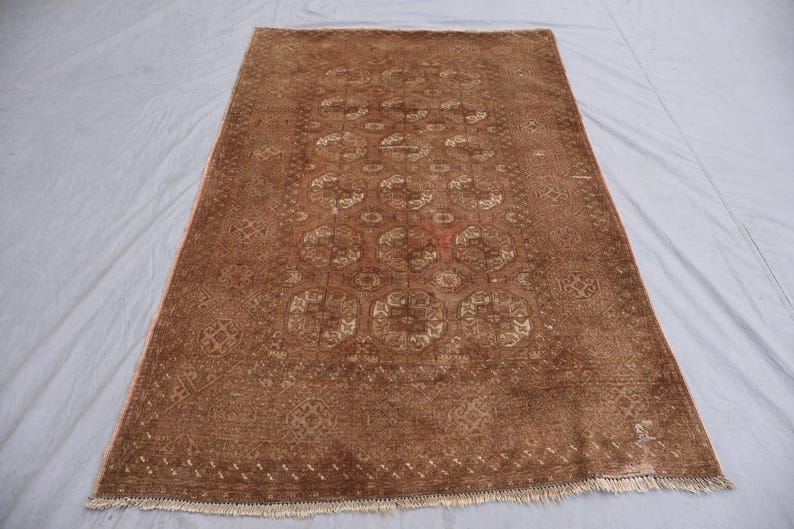 1920s Antique Brown Rug 4x7 ft Afghan Bukhara Rug, Low Pile Handmade Wool Rug, Oriental Faded Rug, Turkmen Tribal Area Rug for Living Room image 3