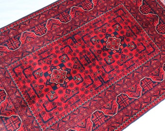 Afghan Bukhara rug, 5.2x3.3 Ft, Afghan Hand-knotted Wool Rug, Turkmen Tribal Rug, Oriental rug, High Pile Soft Wool rug, 5x3 Afghan Rug Red