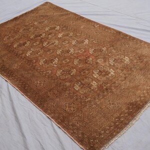 1920s Antique Brown Rug 4x7 ft Afghan Bukhara Rug, Low Pile Handmade Wool Rug, Oriental Faded Rug, Turkmen Tribal Area Rug for Living Room image 2