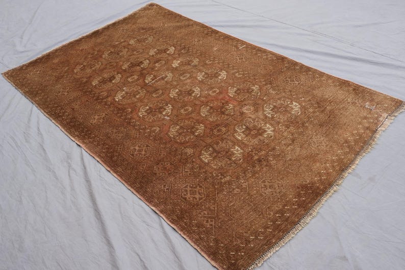 1920s Antique Brown Rug 4x7 ft Afghan Bukhara Rug, Low Pile Handmade Wool Rug, Oriental Faded Rug, Turkmen Tribal Area Rug for Living Room image 2