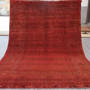 Collectors piece 6&#39;6x9 ft Red Vintage Low Pile Rug, Red Afghan Bukhara Rug, Hand Knotted Wool Rug, Antique Oriental Rug, Living Room Rug 7x9