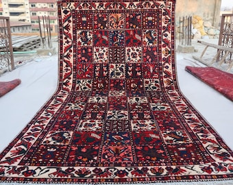 Tapete Floral Bakhtiari Caucasiano das Quatro Estações 5x10, Tapete de Lã Macia com Pelo, Tapete Tribal Feito à Mão, Tapete Oriental Afegão Antigo, Tapete de Cozinha