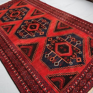 Red Vintage rug, 4&#39;9x8&#39;5 ft Afghan Hand Knotted veg dyes Wool Geometric Rug, Antique Oriental Area Rug, Turkmen Baluchi Rug, Living Room Rug