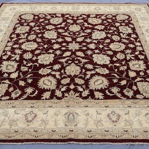 8x8 Square Rug, Burgundy Red Beige Fine Afghan Hand Knotted Veg dyes Wool Square Rug, Rugs for Living room, Bedroom Rug, Dining Table Carpet