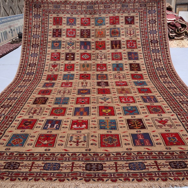 7x10 Large Vintage Afghan Tribal Rug Handmade High Pile Soft Wool Area Rug, Beige Terracotta Brown Red Gray Oriental Baluch Rug, Bedroom Rug