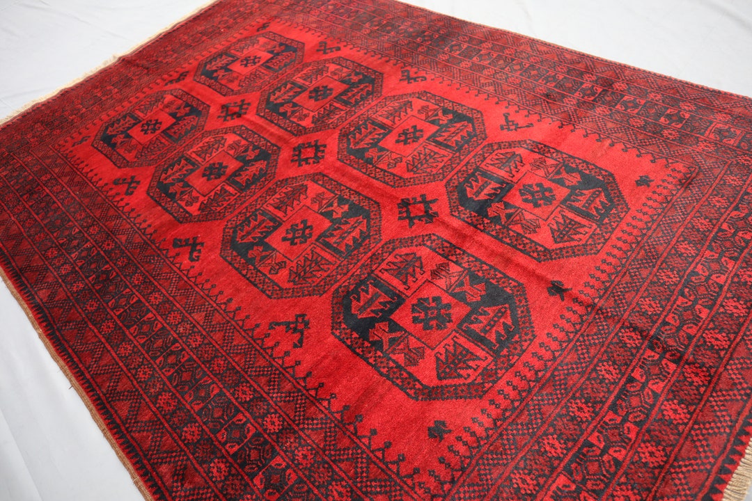 Vintage Ersari Rug, 6x9 Ft Red Hand Knotted Veg Dyes Wool Rug, Turkmen ...
