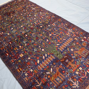 Navy Blue 4x7 ft Vintage Art Pictorial Animal Birds floral Rug, Handmade High Pile Wool Rug, Antique Art deco Rug, Tribal Afghan Baluchi Rug