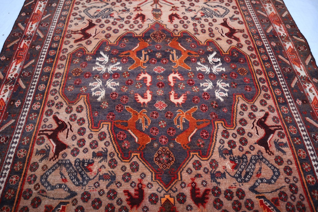 4x7 Vintage Pictorial Rug Handmade High Pile Wool Rug Etsy