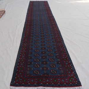 16 ft Runner Rug, Blue Red Natural Veg dyes Rug, Afghan Handmade Wool Tribal Carpet, Turkmen Bukhara Rug, Hallway Runner, Kitchen Runner