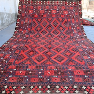8x13 Large Vintage Rug, Afghan Handmade Kilim Wool Area Rug, Handwoven Flatweave Boho Red Geometric Carpet, Tribal Turkmen Rug, Bedroom Rug
