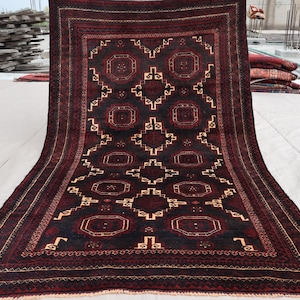 3&#39;7x6&#39;2 Afghan Vintage Rug, Black Dark Red Tribal Rug, Handmade Wool Rug, Oriental Antique Rug, Turkmen Baluchi Geometric Rug, Bedroom Rug