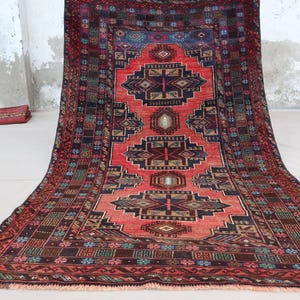 3&#39;7x6&#39;2 ft Antique Afghan Rust Red Navy Soft Wool Rug, Vintage Baluchi Tribal Area rug, Hand Knotted Oriental Geometric Rug, Kitchen Rug 4x6